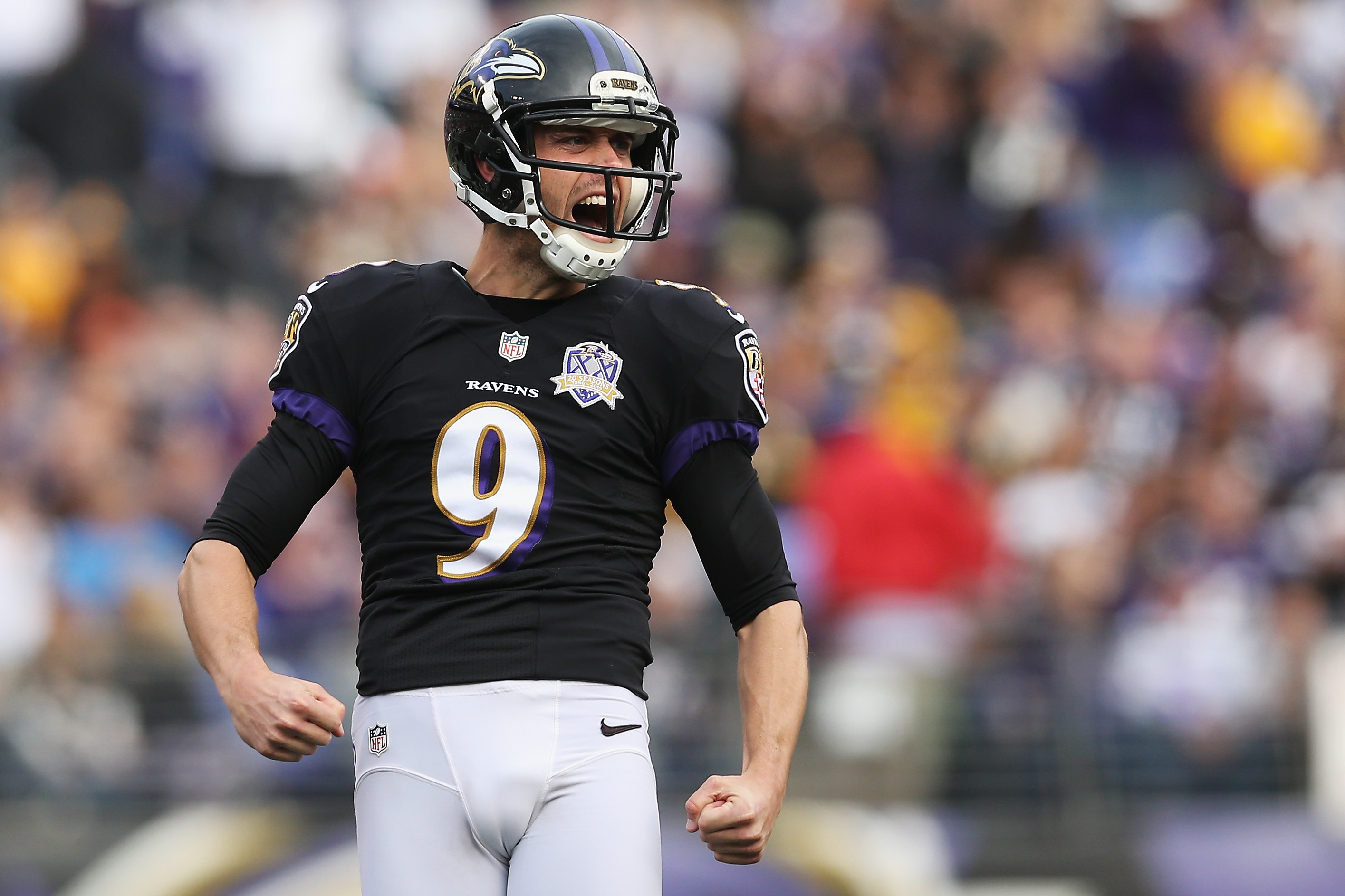 Baltimore Ravens kicker Justin Tucker (9) celebrates after making