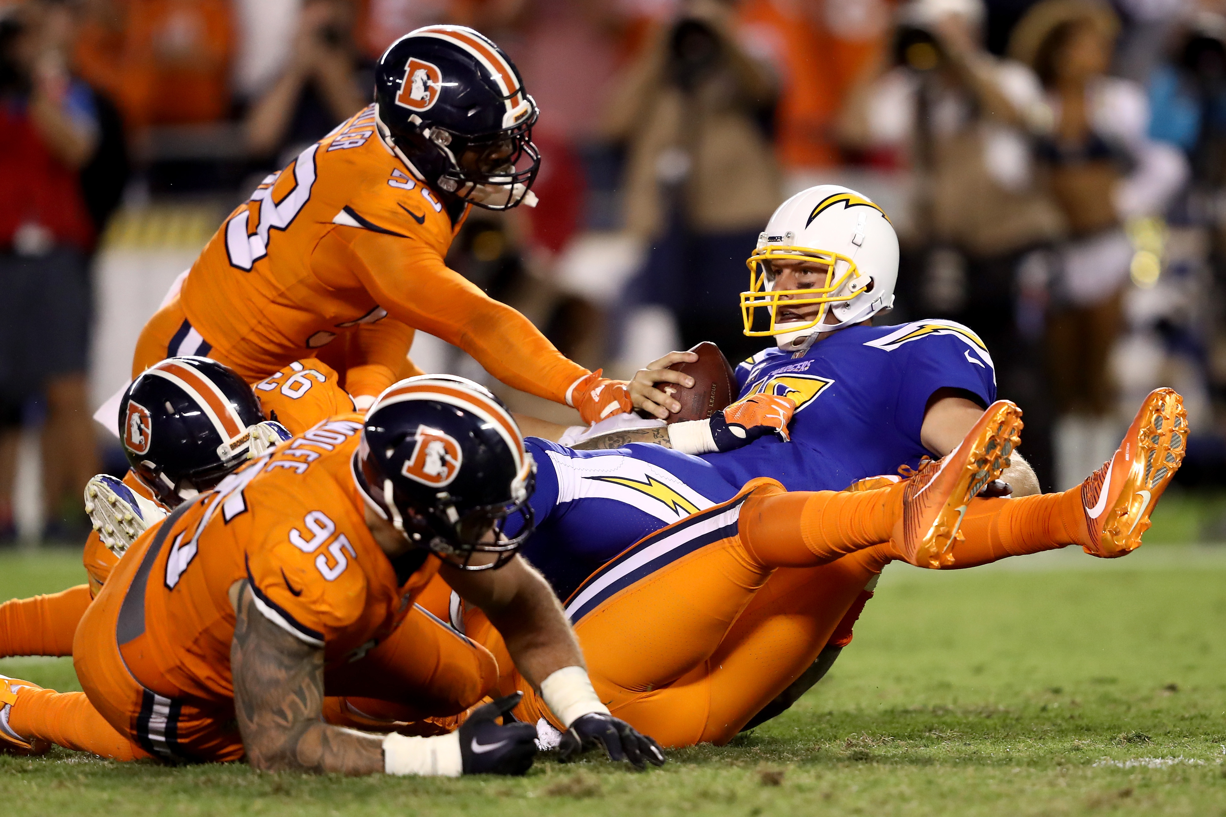 Denver Broncos defensive end Jared Crick during drills at the NFL