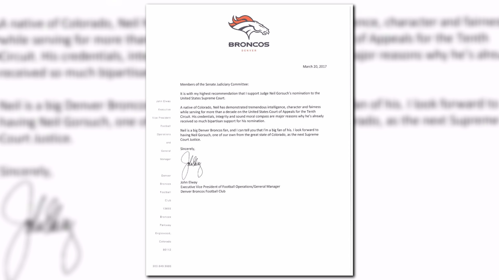 John Elway uses Denver Broncos letterhead to publicly back Neil