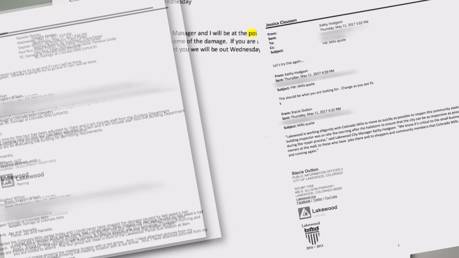 Emails between Lakewood, Mills owner