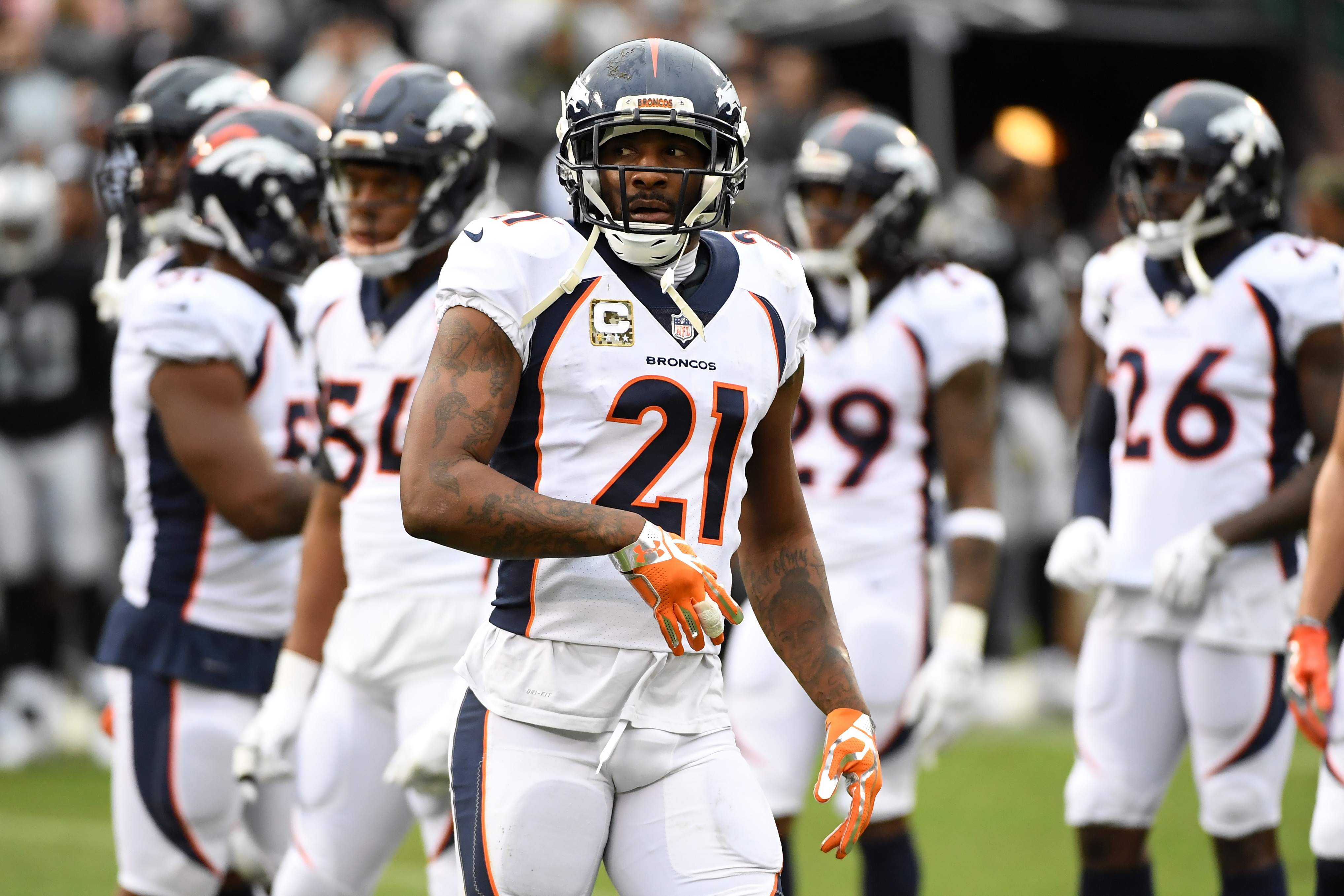 October 15, 2017: Denver Broncos cornerback Aqib Talib (21) during pre-game  warm up of an NFL week 6 matchup between the New York Giants and the Denver  Broncos at Sports Authority Field